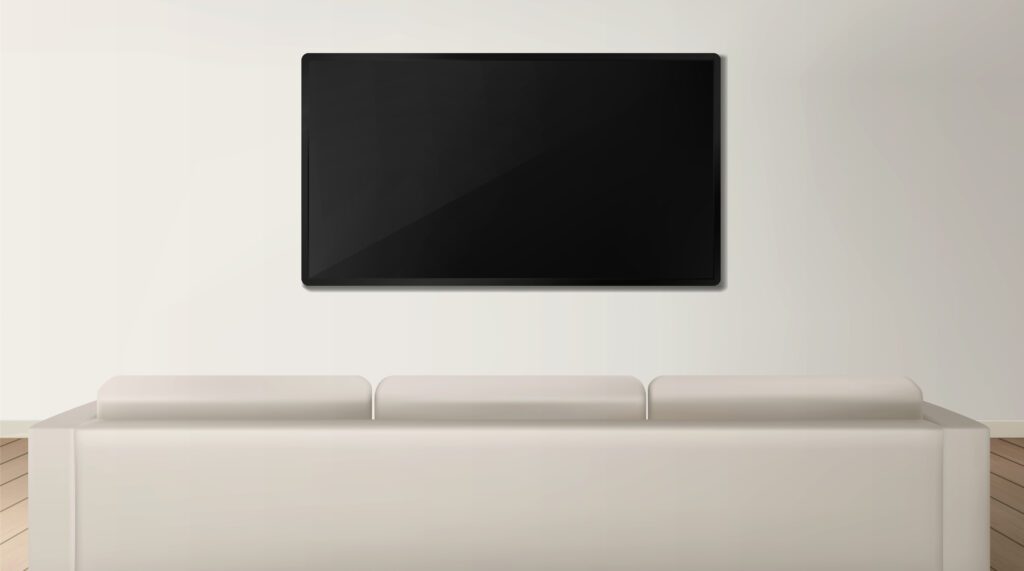 Sofa and tv back view in living room interior
